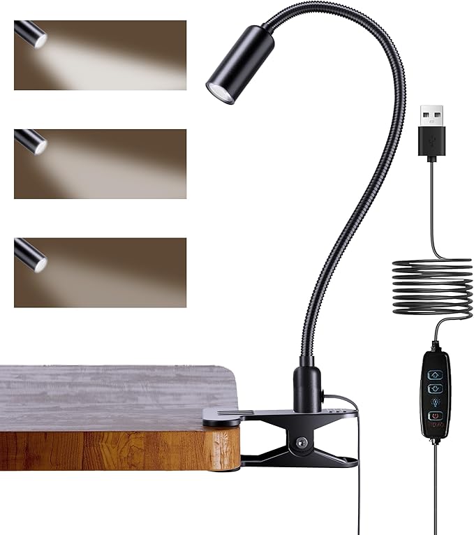 JHD Led Desk Lamp with Clamp - 10 Brightness Levels, 12" Flexible Gooseneck,Eye Protection USB Lamp - Suitable for Home Office, Reading, Bed Light,Quality Black Metal Clamp Light,Headboard Lamp