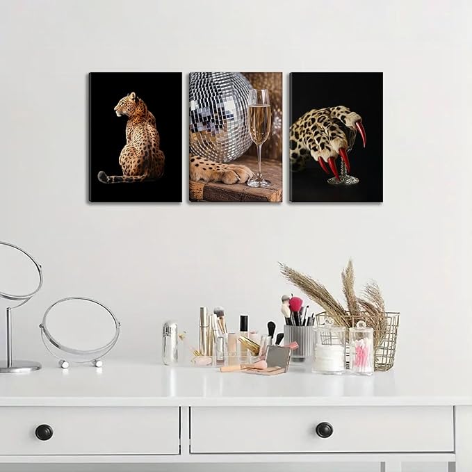 SOUHLP 3Pcs Leopard Canvas Wall Art Elegant Leopard Prints Artwork Modern Disco Ball and Claw Wall Decor for Living Room Bedroom Girls Bedroom Office Home Decoration 16x24in