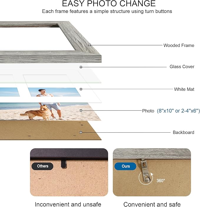 8x10 Picture Frame Set of 2, Grey Wood Frame with Glass Collage Frame, Display Pictures Two 4x6 With Mat or 8 x 10 Without Mat - Horizontal or Vertical Wall Mounting