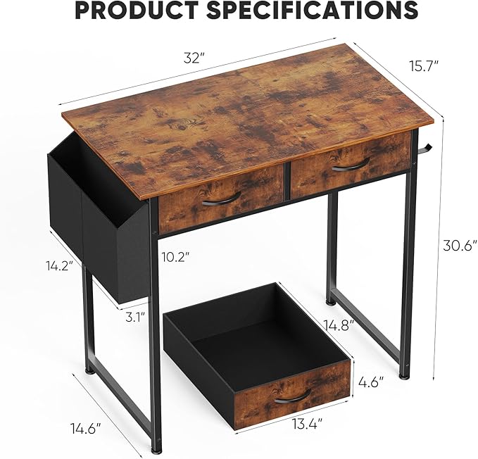 DUMOS 32" Home Office Computer Desk with Drawers, Small Gaming Writing Study Table with Storage Side Bag, Headphone Hook and Adjustable Feet for Bedroom Rustic Brown