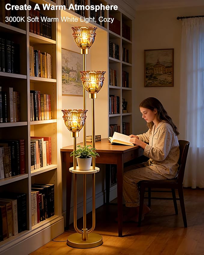 Lightdot 3-Lights Glass Floor Lamp for Living Room Mid Century Modern Gold Floor Lamp with Amber Glass Shade & 3000K Bulbs Included Tall Standing Lamp for Bedroom/Sofa Beside/Corner Decor