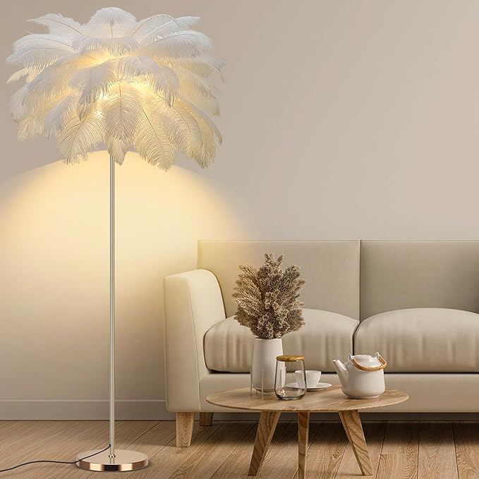 Feather Floor Lamp for Living Room, Fluffy Ostrich Feathers Lamp, Rose Gold Color Body, 3 Color Temperatures Modern Funky Arc Tall Standing Lamp for Bedroom Inclued Bright LED Bulbs (White)