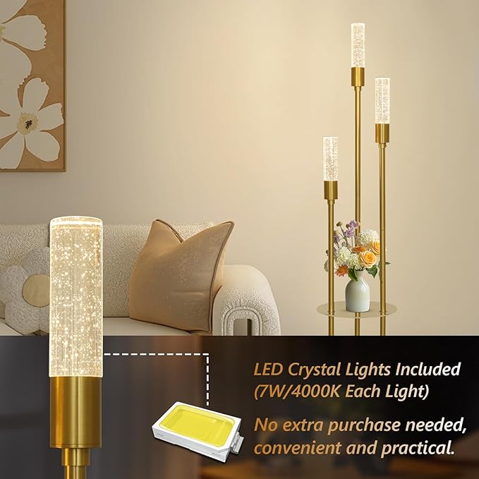 Modern Gold Floor Lamps for Living Room, Bubble Crystal Floor Lamp with Shelves, Built-in LED Lights, Brass Standing Lamps with Foot Switch, Corner Tall Floor Lamp for Bedroom, House Decor