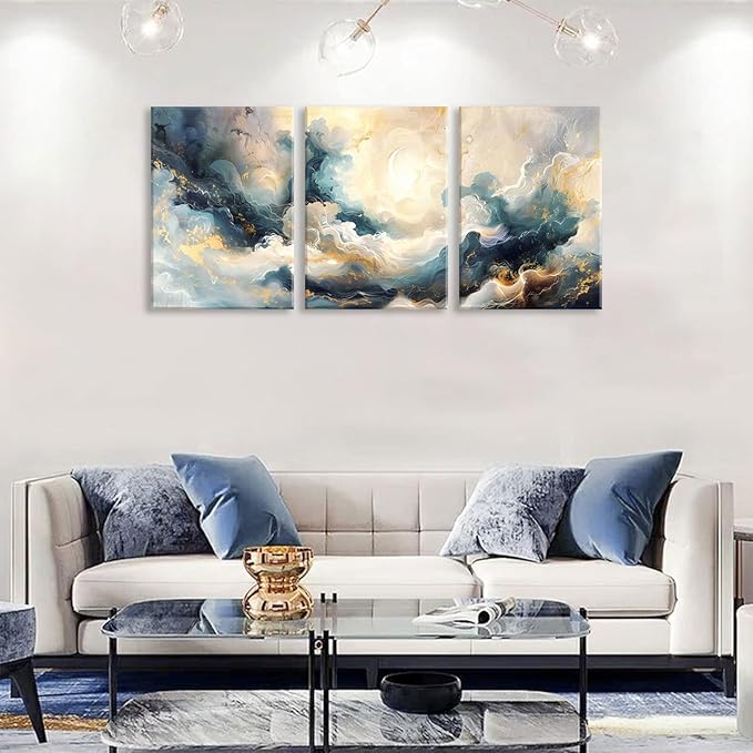 LYPHNX Framed Blue Abstract Fantasy Canvas Wall Art Minimalism Ink Painting Poster Set of 3 Modern ArtWork Navy Blue Gold Marble Prints Pictuer Wall Decor for Living room Bedroom Office Hotel 16"x24"