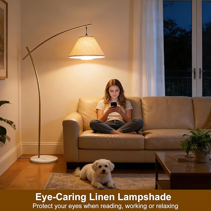 Lightdot Arc Floor Lamp for Living Room, Modern Standing Tall Lamps with Double Linen Lampshade, Tall Hanging Pole Lamp with Bulb Included for Bedroom Sofa Beside/Corner Decor - Gold