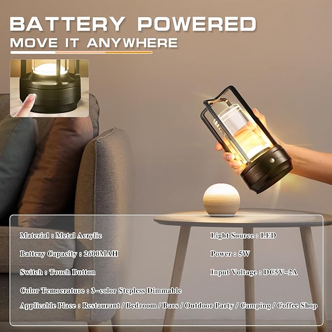 Portable Cordless Table Lamp，LED Desk Lamp with Touch Control，3-Colour Infinitely Dimming Rechargeable Battery Powered Dimming LED Lighting for strange/Restaurant/Bedroom/Bar/Outdoor Party（ black）