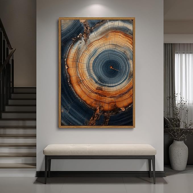 IBHJSART Framed Tree Ring Canvas Wall Art Vintage Colorful Wood Stump Painting Prints Modern Minimalist Pictures Neutral Nature Rustic Farmhouse Decor Living Room Bedroom Bathroom Office