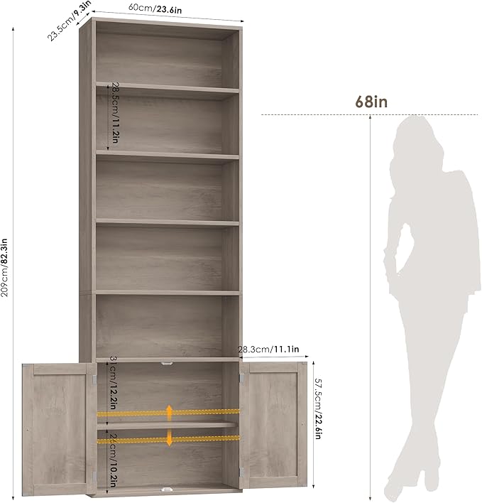 FACBOTALL 82" Tall Bookcase and Book Shelf, 24" Wide Bookshelf with Doors, 7 Tier Bookcase with Storage and Adjustable Shelf, Open and Display Farmhouse Bookshelf for Living Room, Home Office, Gray