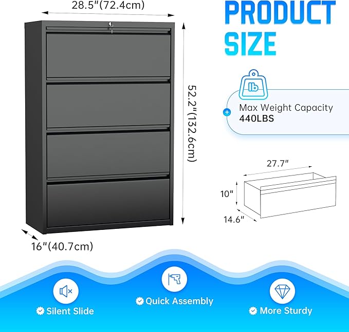 Greenvelly 4 Drawer File Cabinet, Metal Filing Cabinet with Lock, Black Lateral File Cabinet for Home Office, Locking File Cabinet for Letter/Legal/F4/A4 Size Hanging Files, Easy Assembly