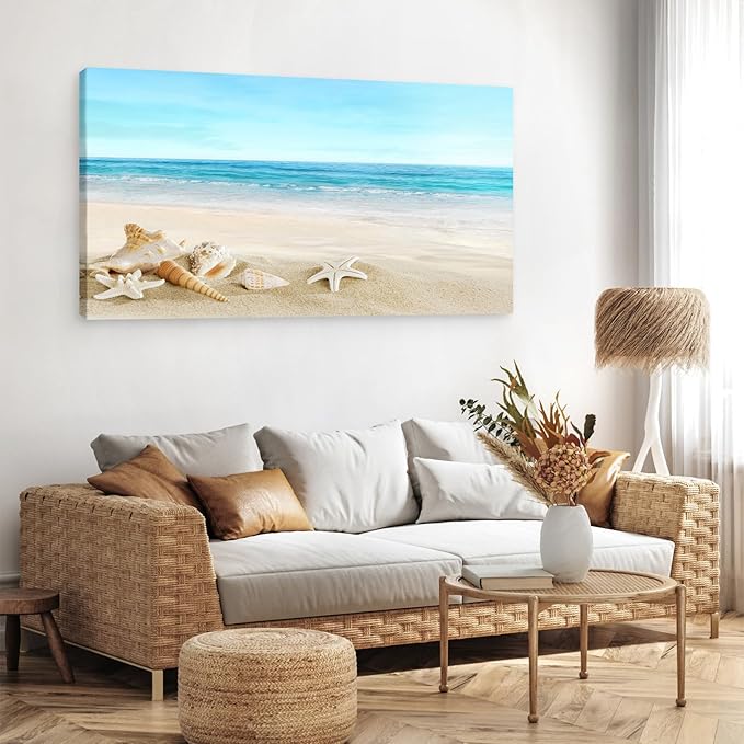 DZL Art S73998 Beach Picture Decor Ocean Painting Canvas Wall Art Prints of Starfish and Seashell on Sandy Seaside Ready to Hang for Living Room Bedroom Office Wall Decor Home Decoration
