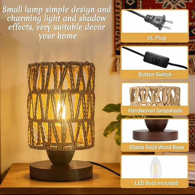Boho Rattan Table Lamp, Bedroom Bedside Small Lamps with Warm White LED Bulb, Vintage Wooden Nightstand Nightlight, Rustic Handmade Woven End Desk Lamps for Bedroom Living Room Study Kids Room
