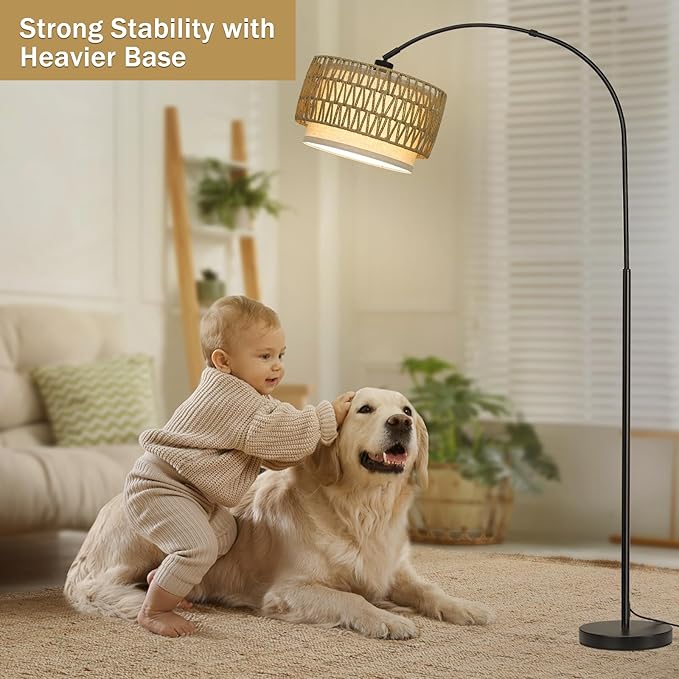 Rattan Floor Lamp, Dimmable Arc Floor Lamps for Living Room, Boho Farmhouse Standing Lamp with Adjustable Head, Tall Pole Lamp Reading Light for Bedroom, Over Couch, Office, 9W LED Bulb Included