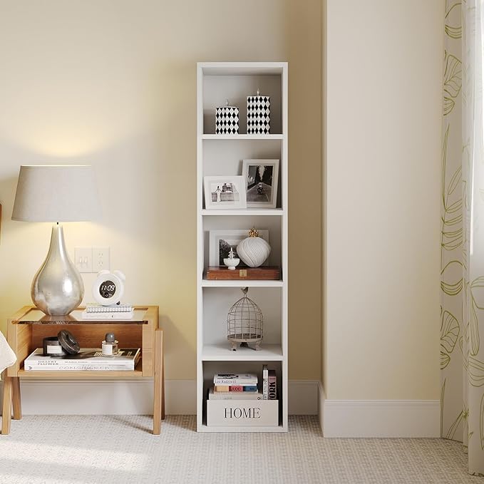 MXV Narrow Bookshelf, 5-Tier Open Bookcase, Coner Shelf, Storage Shelves, Display Storage Shelves, Floor Standing Unit, Home Decor, Furniture for Home Office, Living Room, Bedroom, White