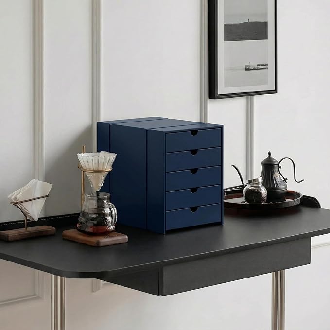 Modern Steel 5-Drawer File Cabinet For Desk, Document Storage Box, Office Desktop Filing Organizer, Drawer Organizer, desk caddy (Navy Blue)