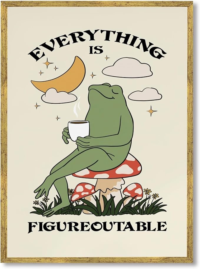 Everything Is Figureoutable Motivational Wall Art Funny Frog Coffee Inspirational Poster Positive Quote Daily Reminder Canvas Print Affirmation Wall Decor for Home Office 16x24inch Golden Framed