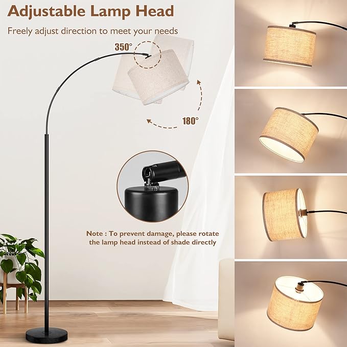 79'' Arc Floor Lamps for Living Room, Modern Standing Lamp with Adjustable Hanging Drum Shade, Black Tall Pole Lamp with Weighted Base & Edison E26 Socket, Corner Light for Reading Bedroom Office