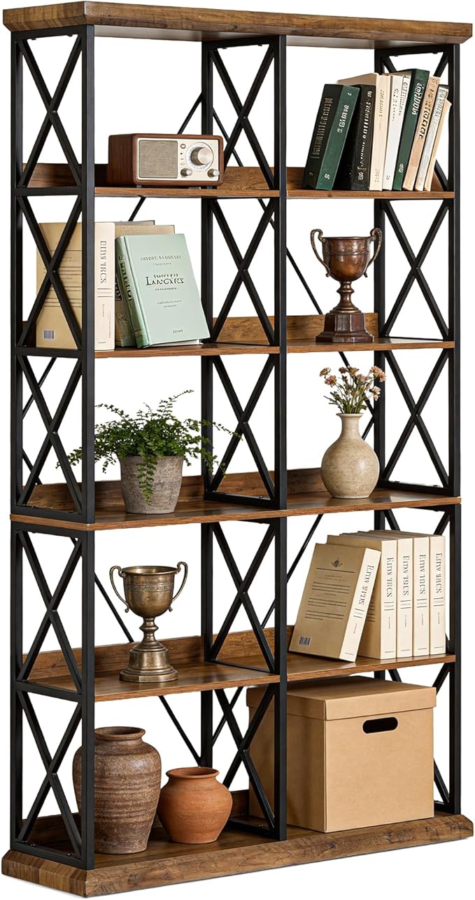 LITTLE TREE Industrial Bookshelf, 6-Tier 47" Wide Bookcase, 75" Tall Standing Shelf Units with 12 Wooden Shelves, Large Open Metal Display Organizer for Office, Living Room, Bedroom, Rustic Brown