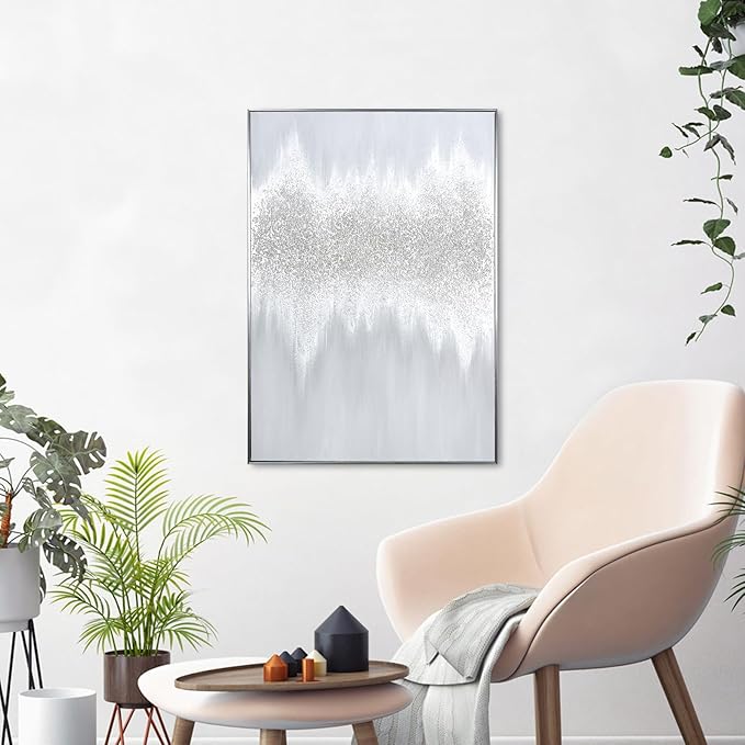 Silver Abstract Wall Art Decor - Grey Hand-Painting Embellished with Sand Grain and Glitter in Metallic Hues, Brilliant Modern Abstract Canvas for Living room, Bedroom Decor, 28" x 40", Framed