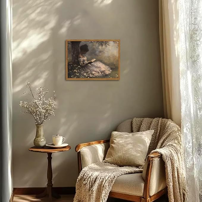 Framed Vintage Wall Art, Moody Black Girl Reading Book Pictures Wall Decor, Victorian Woman African American Paintings Canvas Prints Aesthetic Artwork for Home Living Room Bedroom 16x24 inch