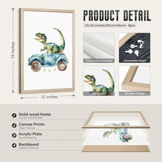 Dinosaur Nursery Wall Art Kids Canvas Poster Baby Boy Nursery Wall Decor Green Dino Pictures Toddler Prints Cartoon Dino Car Painting Boys Room Artwork for Bedroom Bathroom 12x16x3 Inch White Framed