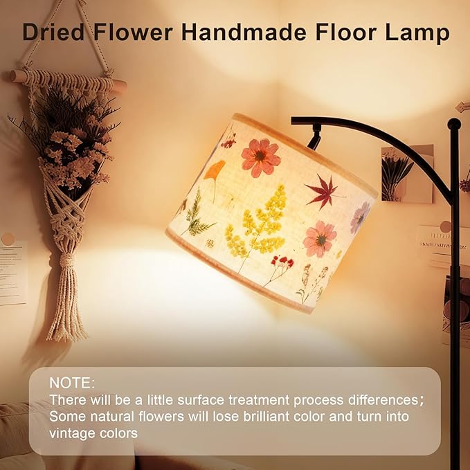 61“Dried Flowers Floor Lamp with 9W 3 Color Temperatures LED Bulb, Tall Standing Lamp with Adjustable Floral Lampshade for Living Room,Bedroom,Office