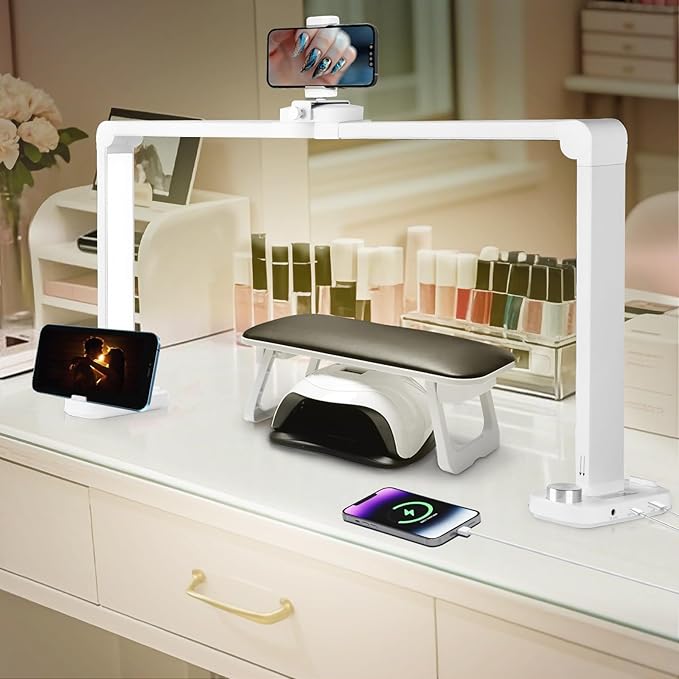 CGBE Foldable Nail lamp for Desk: Large Wide Half Moon Light with Phone Holder for Nail Salon Technicians - No Glare Craft Desk Light for Manicure lash Task for Esthetician 33.5'' - White