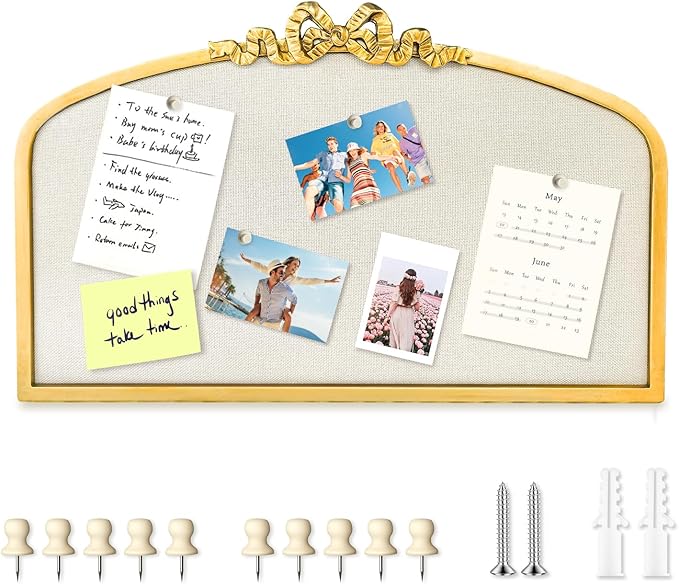 Vintage Arched Linen Cork Bulletin Board with Gold Bow – 24"x 15" Elegant Decorative Pin Board for Walls, Metal Frame Vision Board for Notes, Photos, Inspiration, Chic Home Office Decor for Women
