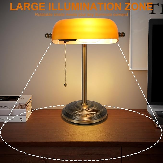 NISSAFORS Bankers Desk Lamp, Amber Glass Shade, Vintage Desk Lamp with Pull Chain Switch, Retro Table Lamps for Home Office (Brass+Amber, Small)