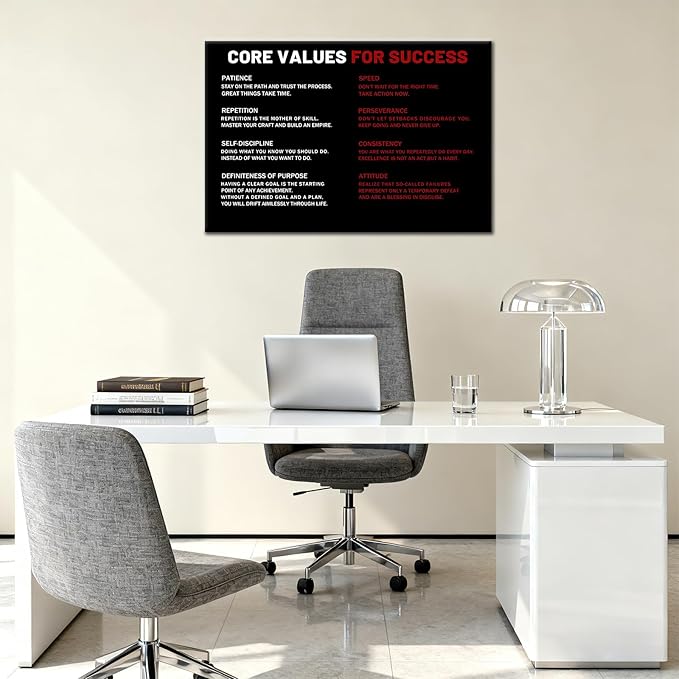 Core Values for Success Motivational Canvas Wall Art Inspirational Office Artwork for Bedroom Entrepreneur Quotes Poster Print for Home Gym Wall Decoration Ready to Hang [18''Wx12''H]
