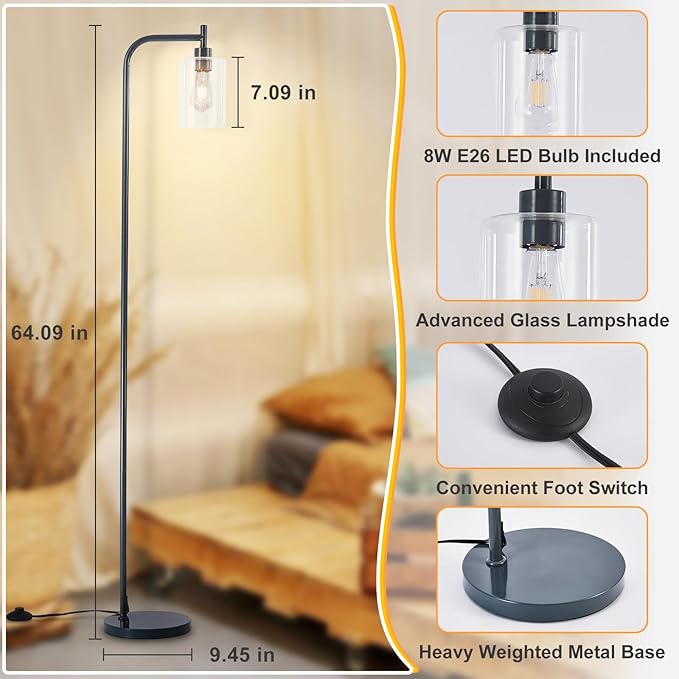 DLLT Floor Lamp Tall for Room: Grey Standing Lamp with Clear Glass Lampshade for Living Room - Modern Bright Lamp for Bedroom - Industrial Corner Floor Lamps for Office 8W Led Bulb Included