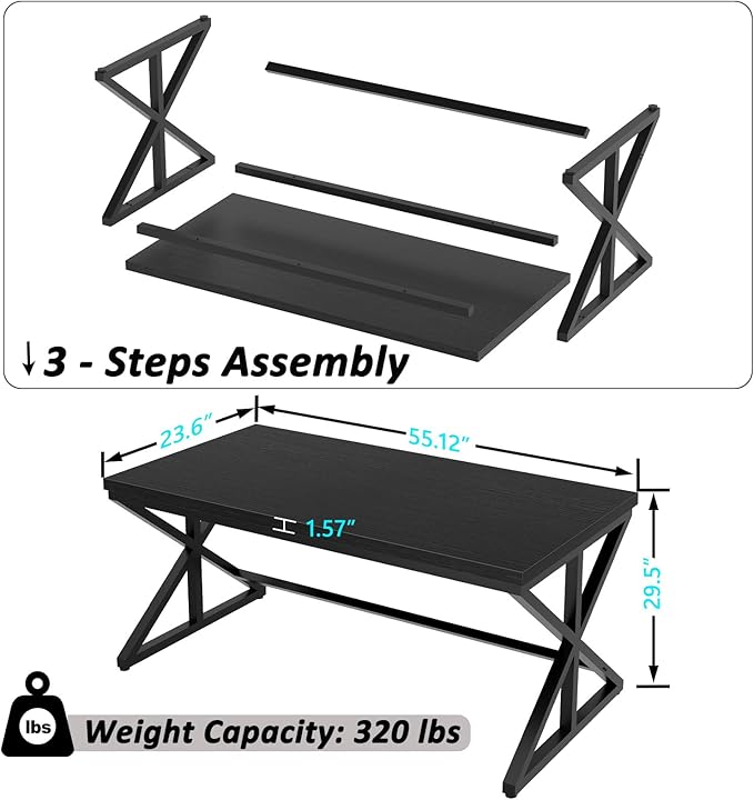 IBF 55 Inch Black Home Office Desks, Modern Computer Desk for Writing Study, Wood Metal Simple Gaming Work Table for Bedroom, Industrial Wooden Pc Workstation Executive Desk, Black Oak