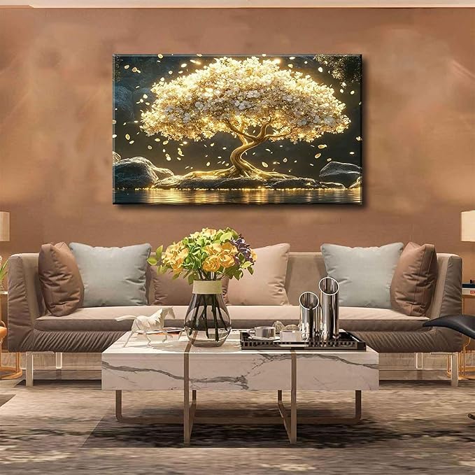 Large Tree of Life Canvas Wall Art Abstract Gold Tree Mountain Lake Decor painting Pictures Nordic Golden White Flowers Posters Prints for living room Bathroom Bedroom Office Hallway Home Decoration