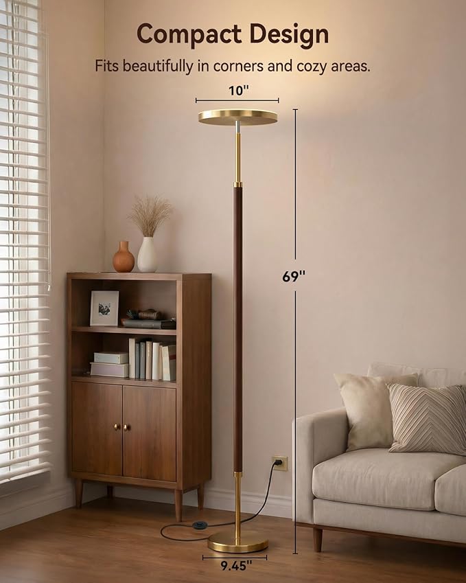 JOOFO Wood Torchiere Floor Lamp, Super Bright Stepless Dimmable LED Uplight Standing Lamp with Remote Adjustable Color Temperature 3000K–6500K with Timer for Living Room Bedroom Office Reading