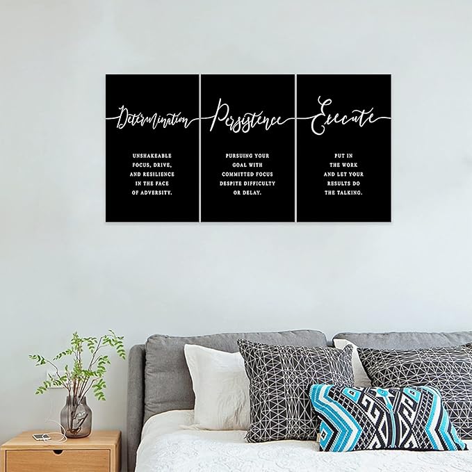 3 Piece Inspirational Wall Art, Black Background Sayings Print Pictures, Quote Motivational Canvas Art for Women Men fo Gift, Triptych Entrepreneur Poster Framed Artwork for Office Decor (48"Wx24" H)