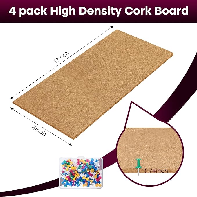 Cork Board 17 X 8 inch Self Adhesive Corkboards for Wall School Home Office 4 Pack Bulletin Boards with 100 Push Pins