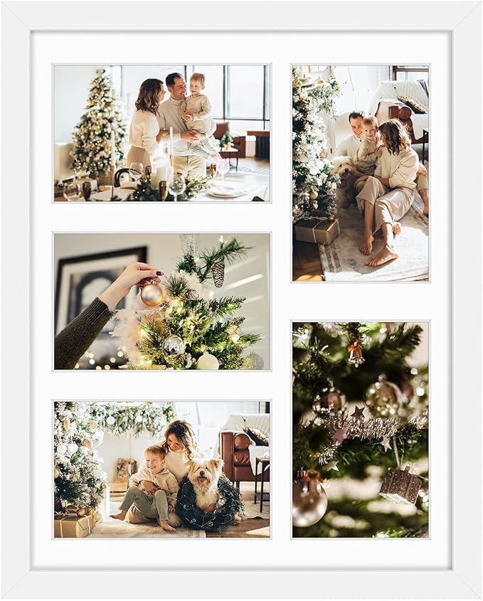 Golden State Art, 11x14 White Wood Frame with White Mat - Displays Five 4x6 Photos - Real Glass, Sawtooth Hangers, Swivel Tabs - Wall Mounting, Landscape, Portrait