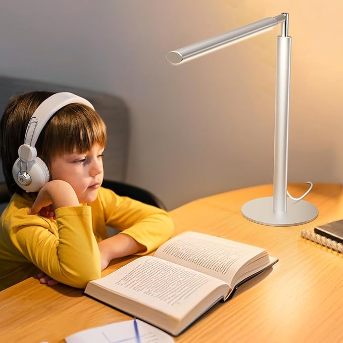 Silver LED Desk Lamp, 16" Dimmable Metal Desk Light with Base, 15W 1200LM, Adapter Included, Color & Brightness Adjustable, Modern Tall Table Lamp for Home Office Reading Study Task Laptop