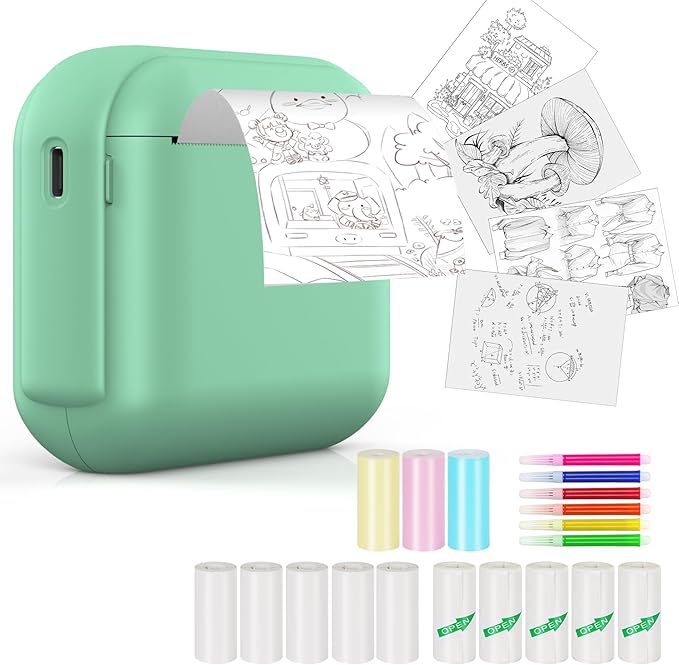 Print Pods Mini Sticker Printer Machine, Portable Bluetooth Thermal Printer with 13 Rolls Paper, Sticker Maker for Kids, Impresora Portátil for Notes, Journal, DIY, Gift, Home, School, Office