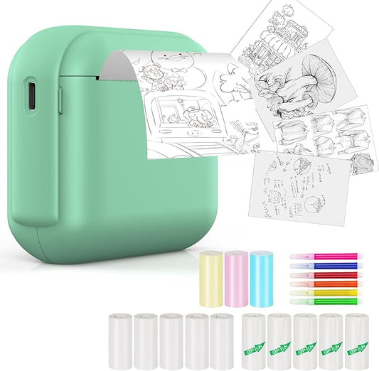 Print Pods Mini Sticker Printer Machine, Portable Bluetooth Thermal Printer with 13 Rolls Paper, Sticker Maker for Kids, Impresora Portátil for Notes, Journal, DIY, Gift, Home, School, Office