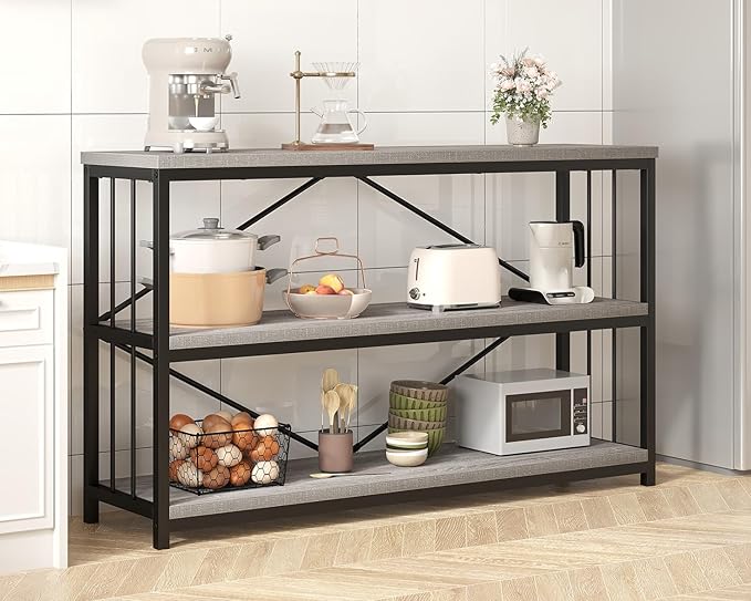 IBF 47" Gray 3 Tier Low Bookcase,Industrial Modern Short Horizontal Etagere Bookshelf, Simple Wide Open Rustic Metal and Wooden Book Shelf for Bedroom Living Room Home Office Storage, Light Grey Oak