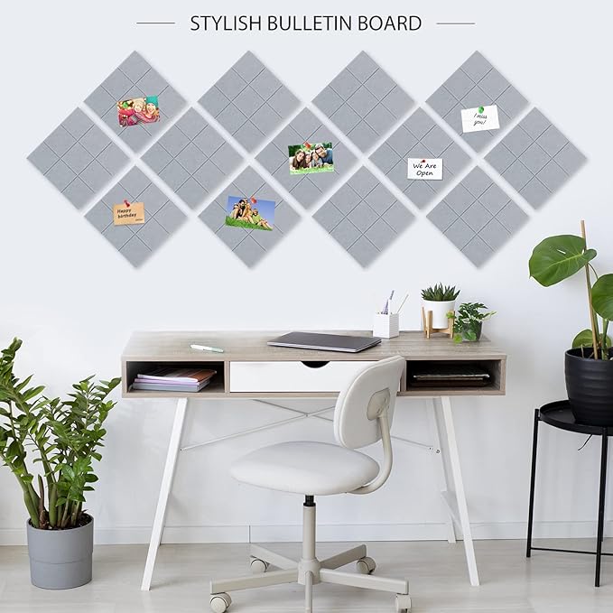 BXI Felt Bulletin Board - 12 X 12 X 3/8 Inches 6 Pcs Self-Adhesive Poster Cork Board with 30 Push Pins, Thick Pin Tiles Display Vision Board, Photo Picture Panels for Home Office Classroom Walls