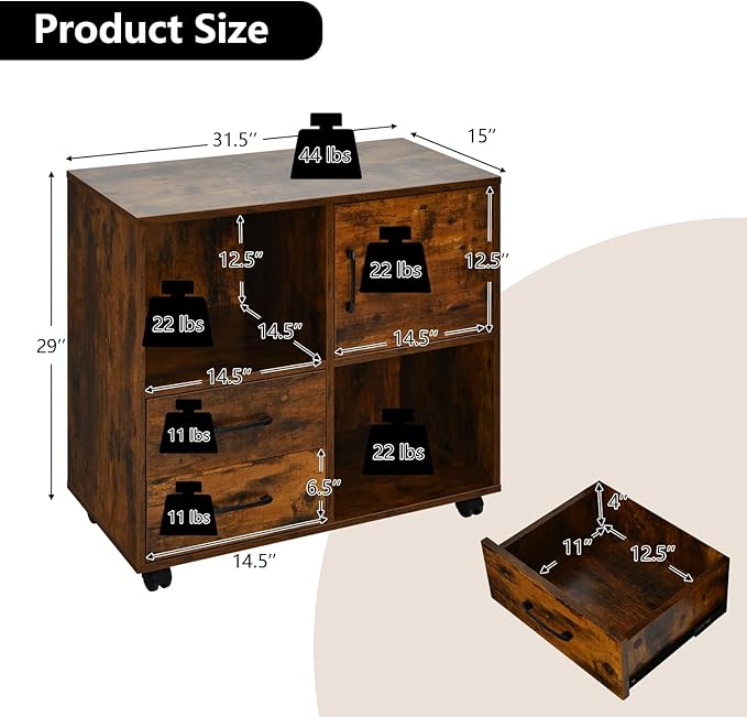 Giantex Printer Stand Lateral Cabinet - Mobile File Cabinet with 2 Drawers, Office Cabinet with 2 Open Compartments, Lateral Rolling Filing Cabinet on Wheels, Printer Cabinet(Brown)