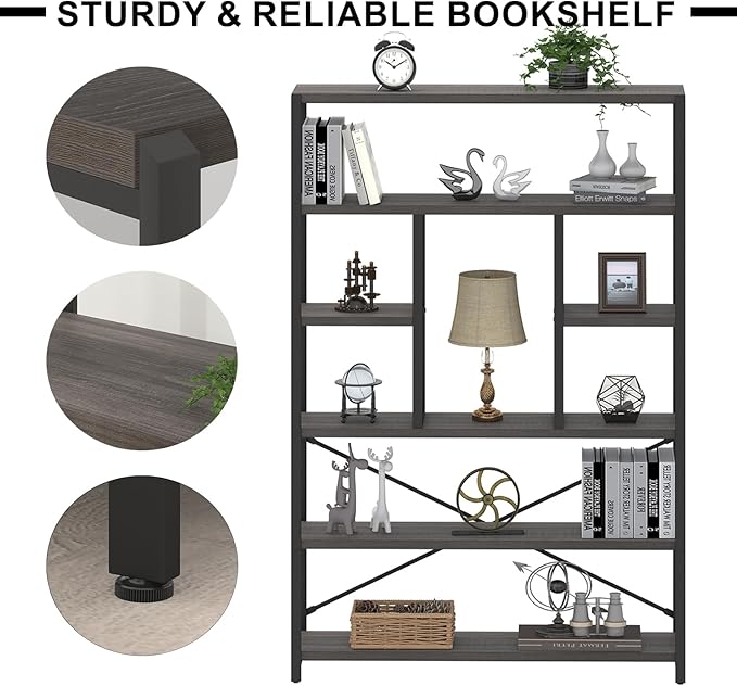 LVB Industrial Tall Bookshelf, Modern Wood Metal 6 Tier Book Shelf, Farmhouse Large 6 Shelf Etagere Bookcase, Open Wide Storage Bookshelves and Bookcases for Bedroom Living Room Office, Dark Gray Oak