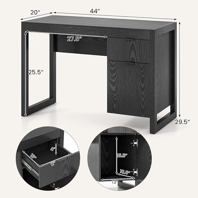 Tangkula Computer Desk with Storage Cabinet & Drawer, White Wooden Home Office Desk, PC Laptop Workstation Study Writing Desk with Smooth Surface, Ideal for Home Office (Black)