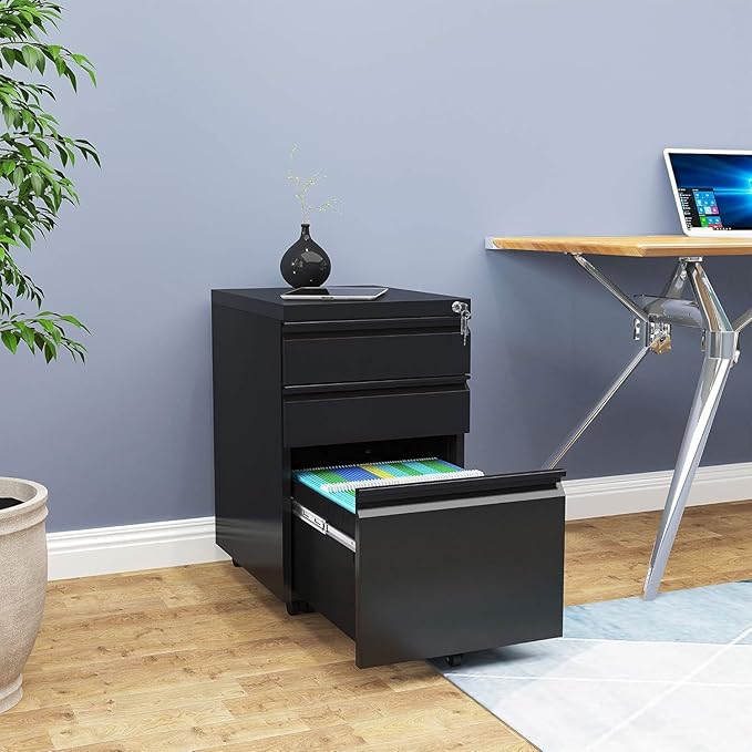 YITAHOME 3-Drawer Rolling Filing Cabinet Office Drawers, Lockable Office Storage Cabinet with Hanging Bars and Pencil Tray, Pre-Assembled Metal File Cabinet Under Desk (Black)