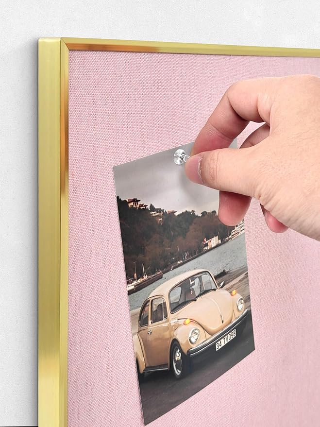 Bulletin Board with Golden Aluminum Frame, Pink Fabric Cork Board for Walls, 17 x 13 inches Pin Board with Push Pins for Office Home(G-AL,PK,4333)