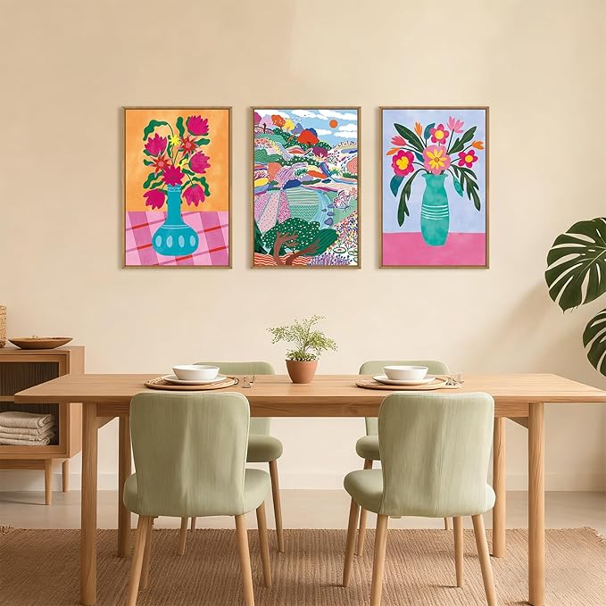 HOURIA Spring Colorful Flower Field Landscape Framed Canvas Wall Art Set,Abstract Pink Floral Vase Wall Decor,Natural Botanical Tree Artwork,Modern Sunrise Art Prints for Living Room,Farmhouse-16"x24"x3