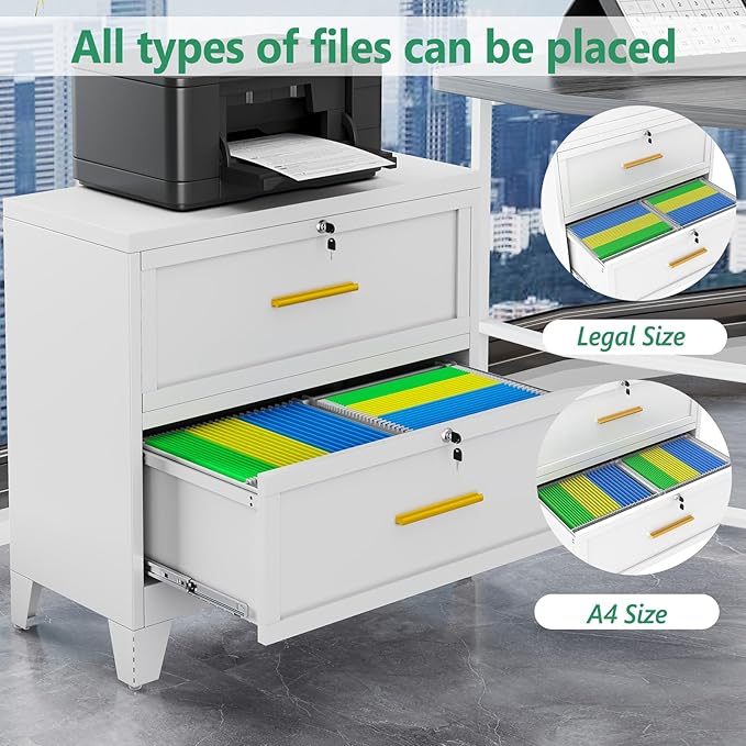 Metal Lateral File Cabinet with Lock,2 Drawer Steel Wide Filing Organization Storage Cabinets,Filing Cabinet for Legal/Letter/A4/F4 Size with Hanging Files&Key,Lockable Cabinet for Home Office,White
