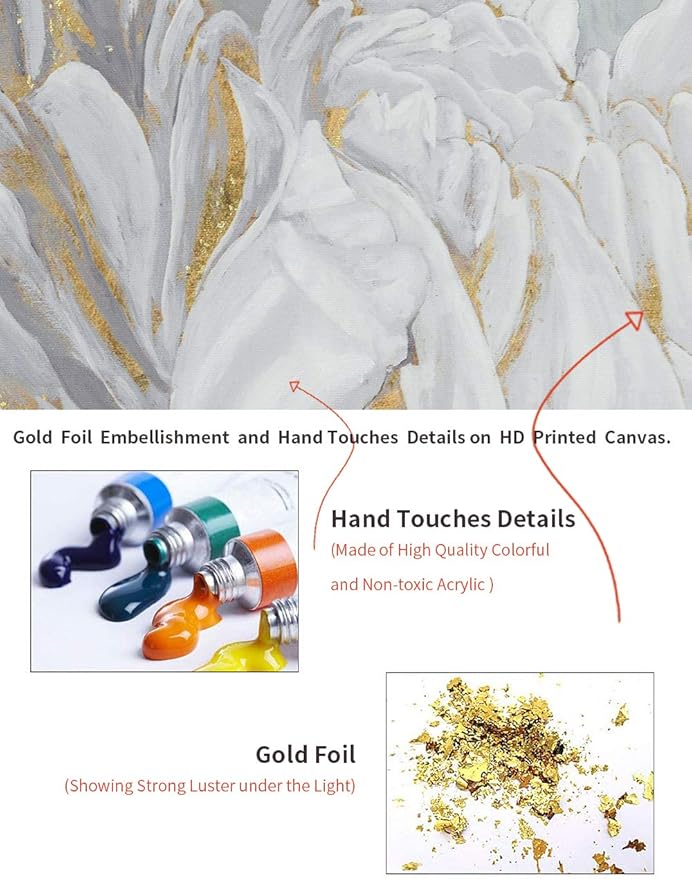 Goldfoilart Flower Wall Art Floral Decor Modern White Blooming Pictures with Gold Foil Paintings Framed Artwork for Living Room Bedroom Kitchen Decorations 24" x 24" x 2 Pcs