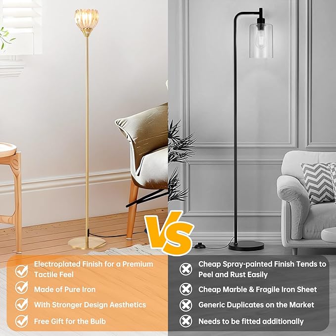 Floor Lamps for Living Room, Bedroom, Gold Standing Lamp with 12W Bulb, Vintage Floor Lamp for Reading, Nursery, Corner (Amber Tulip)